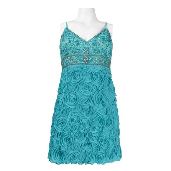 NEW SUE WONG rosette appliqué babydoll chiffon dress in turquoise - Picture 1 of 2